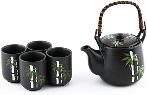 יפנית אסייתית במבוק במבוק עיצוב תה תה קרמיקה קומקום עם מסננת, ידית ראטאן ו -4 כוסות תה