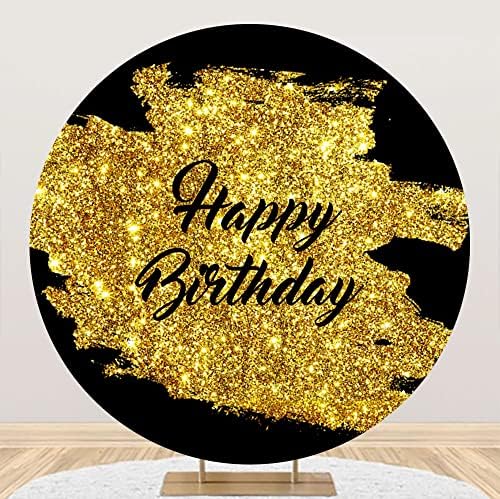 Yeele 6.5x6.5ft זהב שחור זהב שחור יום הולדת שמח תפאורה עגולה פוליאסטר גלודן נצנצים נצנצים מעגל מעגל רקע