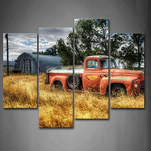 ישן משאית רכב קיר אמנות באדום ועצים ויבש עשבים בשדה קיר תפאורה ציור תמונות הדפסה על בד התמונה עבור בית מודרני קישוט