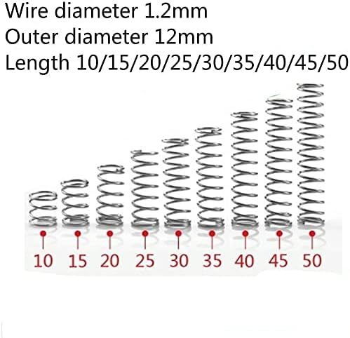 10 יחידות מיקרו דחיסה קפיץ נירוסטה נירוסטה 304 A2 קוטר חוט קטן 1.2 ממ קוטר חיצוני 12 ממ אורך 10-50 ממ