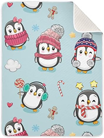 שמיכת חוטף פינגווינים מצוירים חמודים שמיכת כותנה לתינוקות, קבלת שמיכה, שמיכה רכה קלה משקל לעריסה,