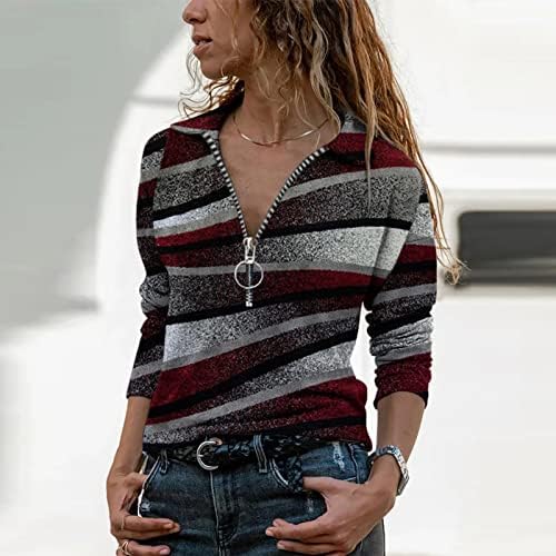 חולצות T שרוול ארוך נשים משובצות דפוס רוכסן רוכסן צווארון צווארון חולצות חולצות חולצות טוניקה ללבוש עם חותלות