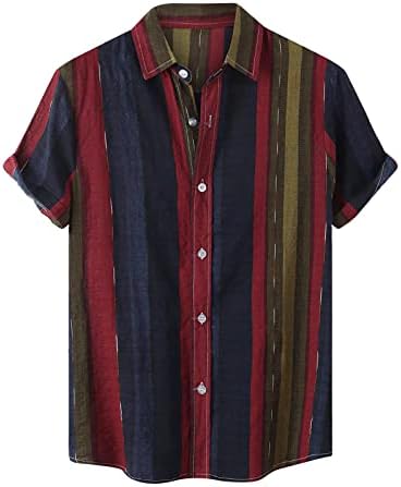 חולצות לגברים קיץ פסים הדפסה מזדמן סידור יומי צווארון קצר שרוול עם כיס קרדיגן חולצה חולצות
