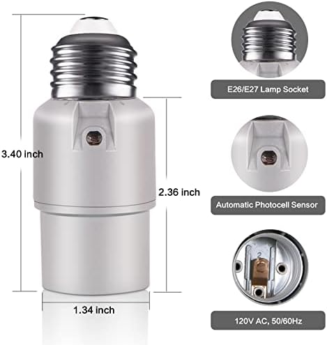 2 אריזות של Dusk to Dawn Sensor Socket Bulb שקע, מתאם שקע חיישן אור, חיישן אור לתאורה חיצונית, שקע אוטומטי