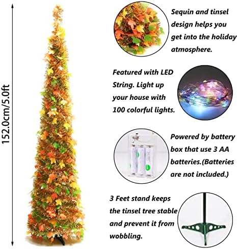 Orgrimmar 5ft עץ מייפל מלאכותי עיצוב סתיו עם 100 אורות חג ההודיה עץ עץ עץ טינסל עץ עיפרון חוף לחג ההודיה חג המולד