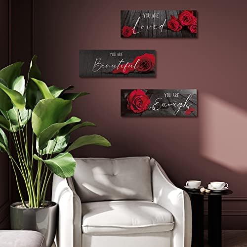 SINTUFF 3 חלקים אדום ורד פרחוני פרחוני עץ תלוי אמנות קיר ציטוטים חיוביים אתה אהוב אתה יפה אתה