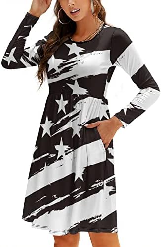 אמריקאי ארהב דגל שחור ולבן נשים של שמלה ארוך שרוול בבאגי שמלה מזדמן נדנדה חולצת טי שמלות עם כיסים
