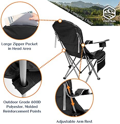 COASTRAAL שכיבה חיצונית כיסא קמפינג 3 מיקום כיסא מדשאה מתקפל למבוגרים כיסא מחנה נוחות מרופד עם מחזיקי