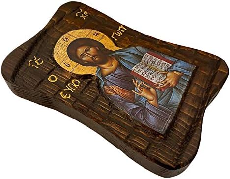 סאקיס סגנון פיצוח מבורך עץ יווני נוצרי אורתודוקסי בעבודת יד אייקון ישוע המשיח ברכת עץ מלא