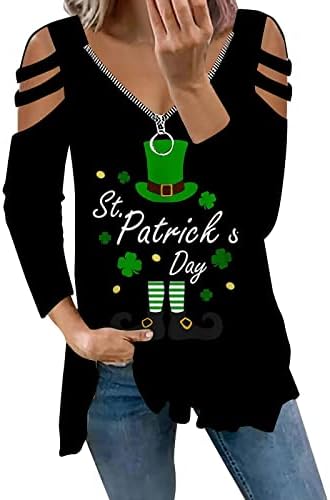 חולצות יום פטריקס סנט פטריק לנשים שרוול ארוך שמרוק צמרות כתפיים קרה רוכסן נ 'צוואר פסטיבל אירי צמרות ירוקות