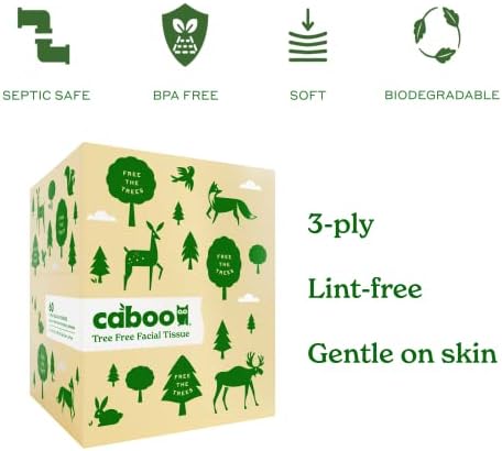 עץ Caboo בחינם במבוק נייר רקמת פנים, קופסת רקמות היפואלרגנית ידידותית לסביבה עם 60 גיליונות לקוביה, בסך
