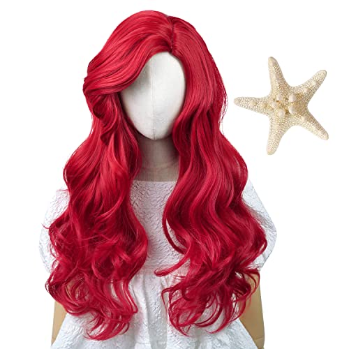אדום בת ים פאה לילדים + כוכב ים סיכת ראש ארוך גלי נסיכת קוספליי שיער תלבושות חום עמיד סינטטי פאות עבור