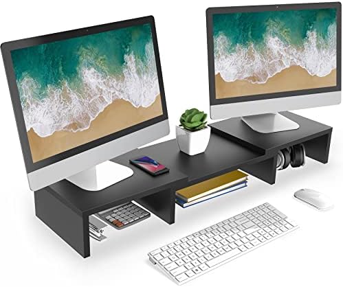 מעמד צג כפול משכים, מעמד מחשב עץ לשולחן עם אורך מתכוונן, מארגן אחסון מעמד שולחן עבודה למחשב, מחשב נייד,